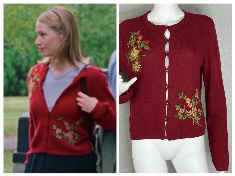 Vtg 90s Cardigan ASO Dawson’s Creek Floral Twee Sweater Girl Red Sz L